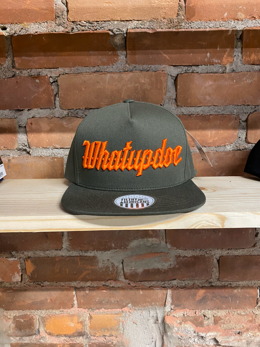 OLIVE AND ORANGE WHATUPDOE SNAPBACK HAT